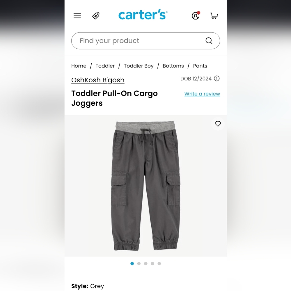 Carters Oshkos B'gosh Charcoa & Brown Cargo Joggers BNWT